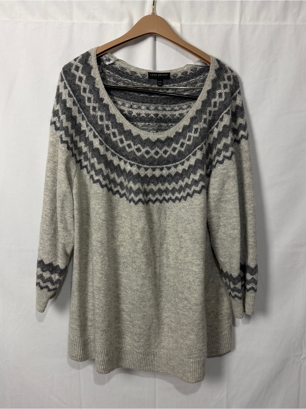 Lane Bryant Fair Isle Knit Pullover Sweater Gray White Plus Size 26/28 4X Cozy